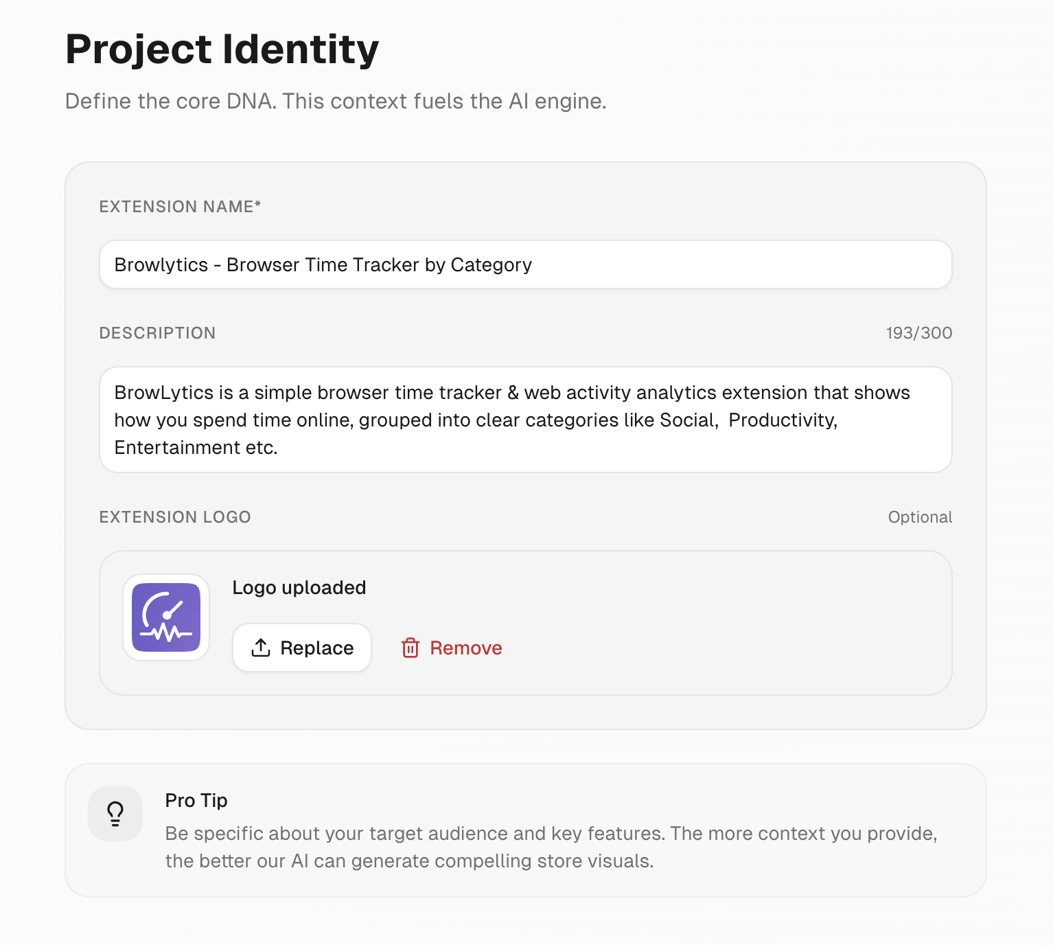 StorePix step 01: Define Identity — Set the context for your extension. Tell AI what your product does, and we'll ta