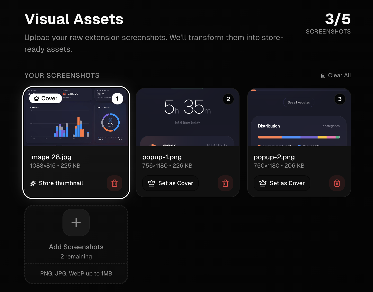 StorePix step 02: Upload Screenshots — Drag and drop your raw extension screenshots. No need to worry about sizing or a
