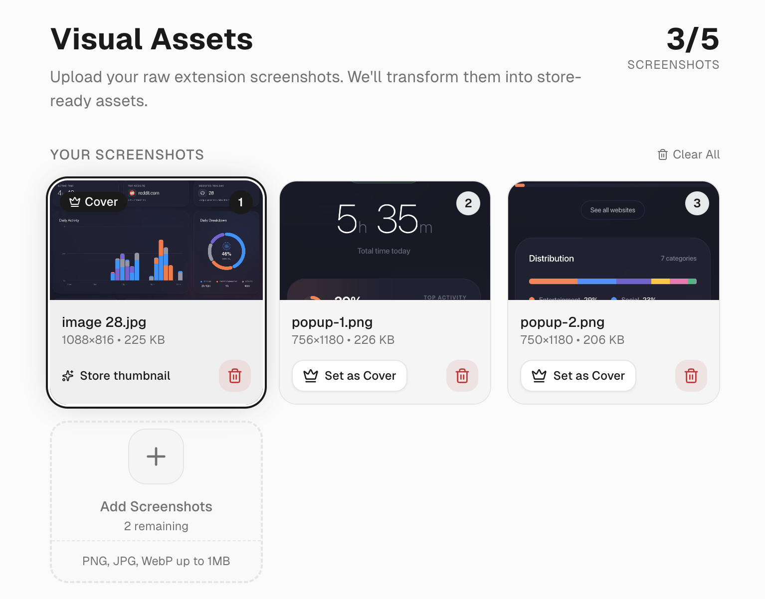 StorePix step 02: Upload Screenshots — Drag and drop your raw extension screenshots. No need to worry about sizing or a