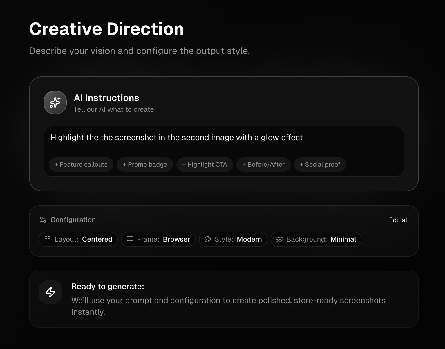 StorePix step 03: AI Magic — Describe your vision with simple prompts. "Dark mode", "Gradient background", "M